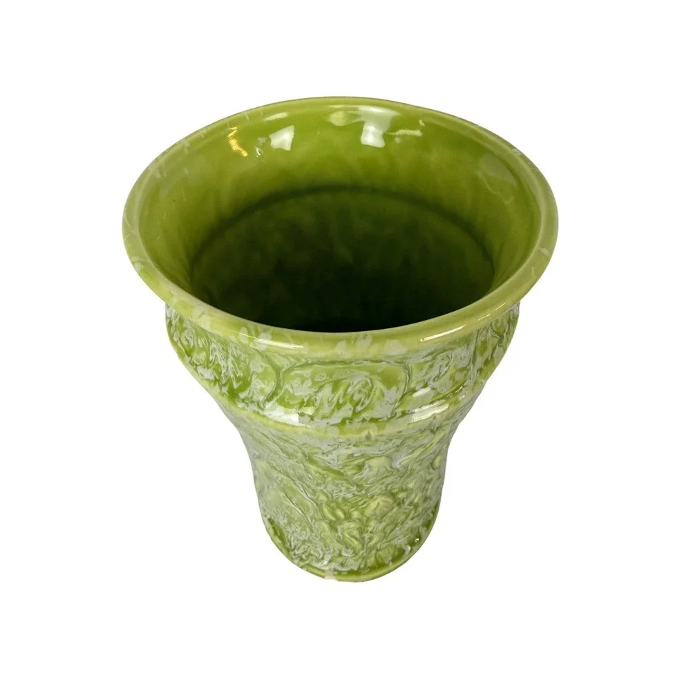 Vintage Lime Green White Drip Glaze Ceramic Vase Textured Floral Embossed 9.25in